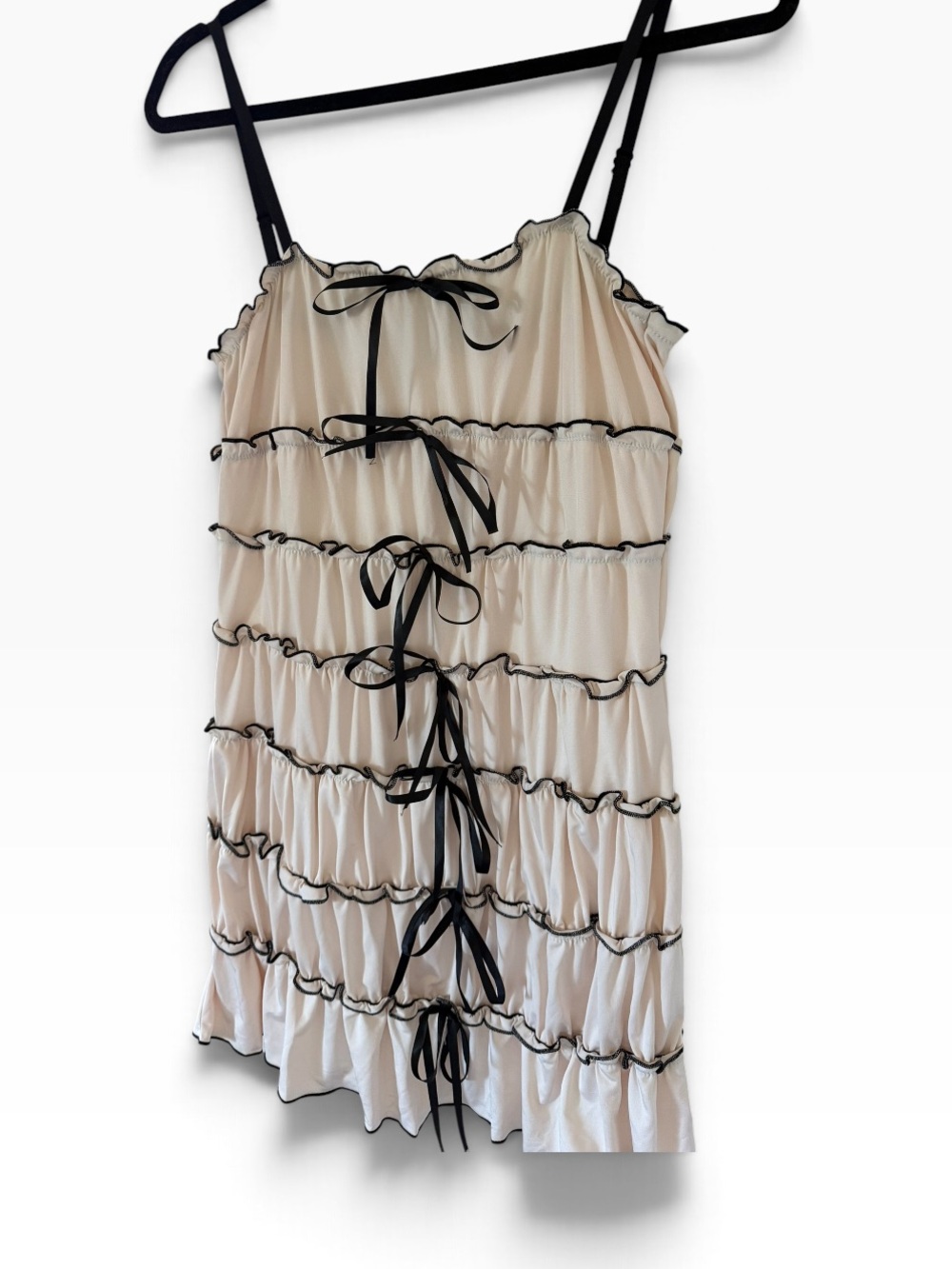 Women's Cream Tiered Mini Dress with Black Trim - Picture 6 of 9